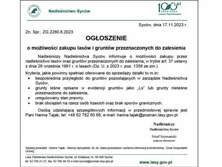Ogłoszenie o możlwości zakupu lasów i gruntów przeznaczonych do zalesienia