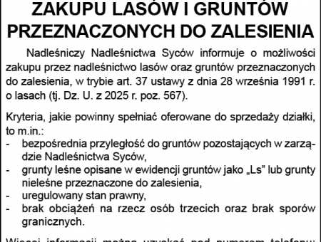 Ogłosenie o możliwości zakupu lasów i gruntów przeznaczonych do zalesienia